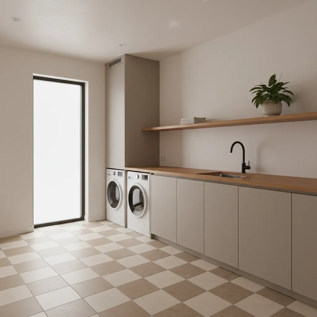 Modern neutral beige checkerboard tile floor in a contemporary laundry room