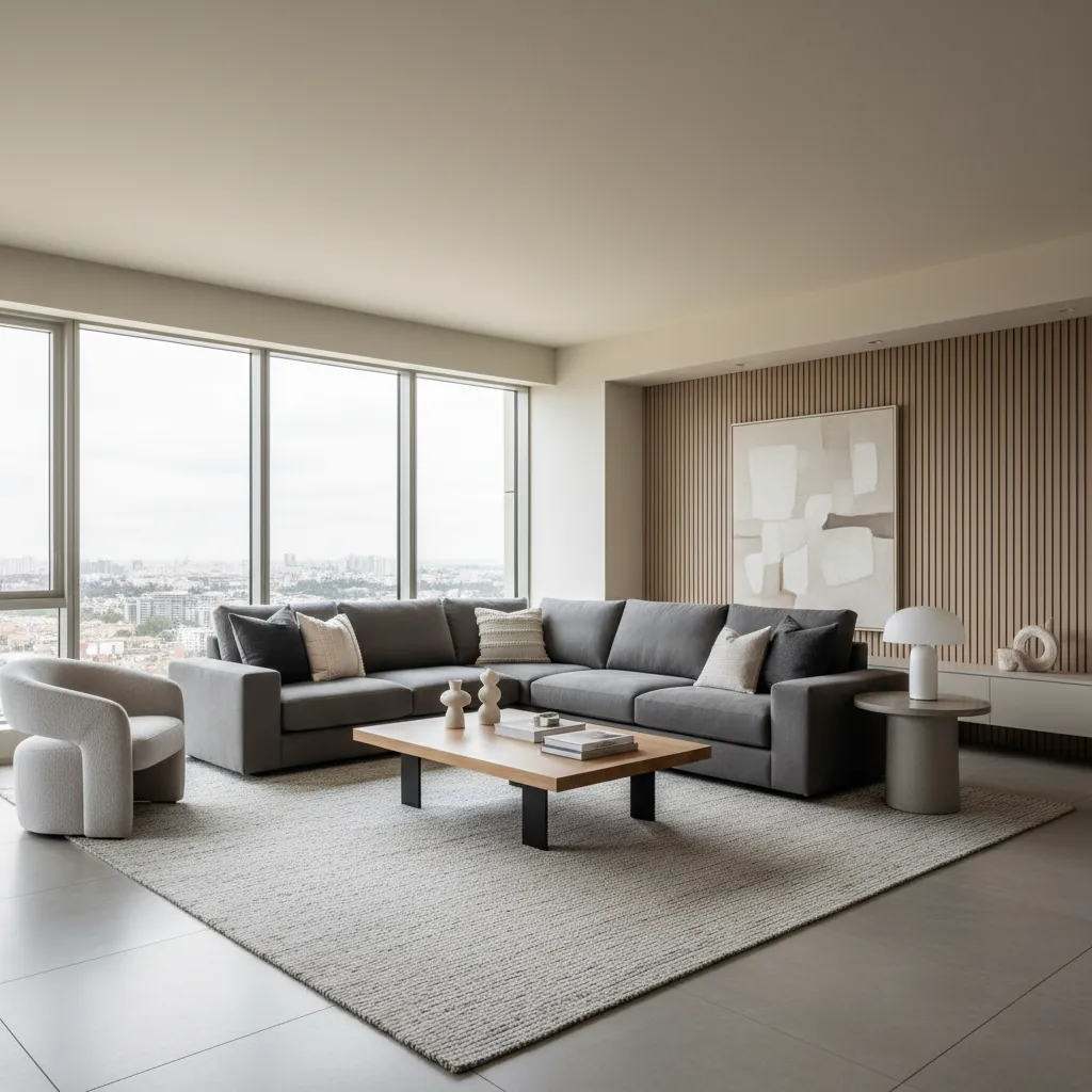 Bright living room with grey sofa wooden coffee table large windows and vertical wood panels