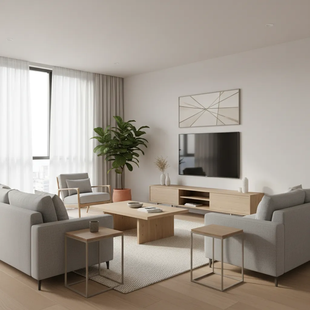 Interior moderno con paleta de colores neutros y madera natural