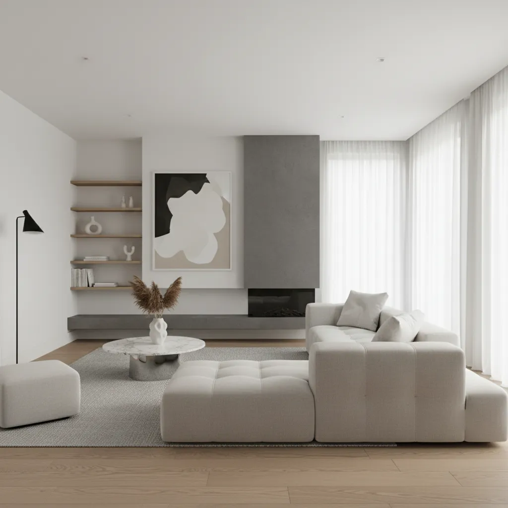 Interior moderno con paleta neutra blanco gris y madera