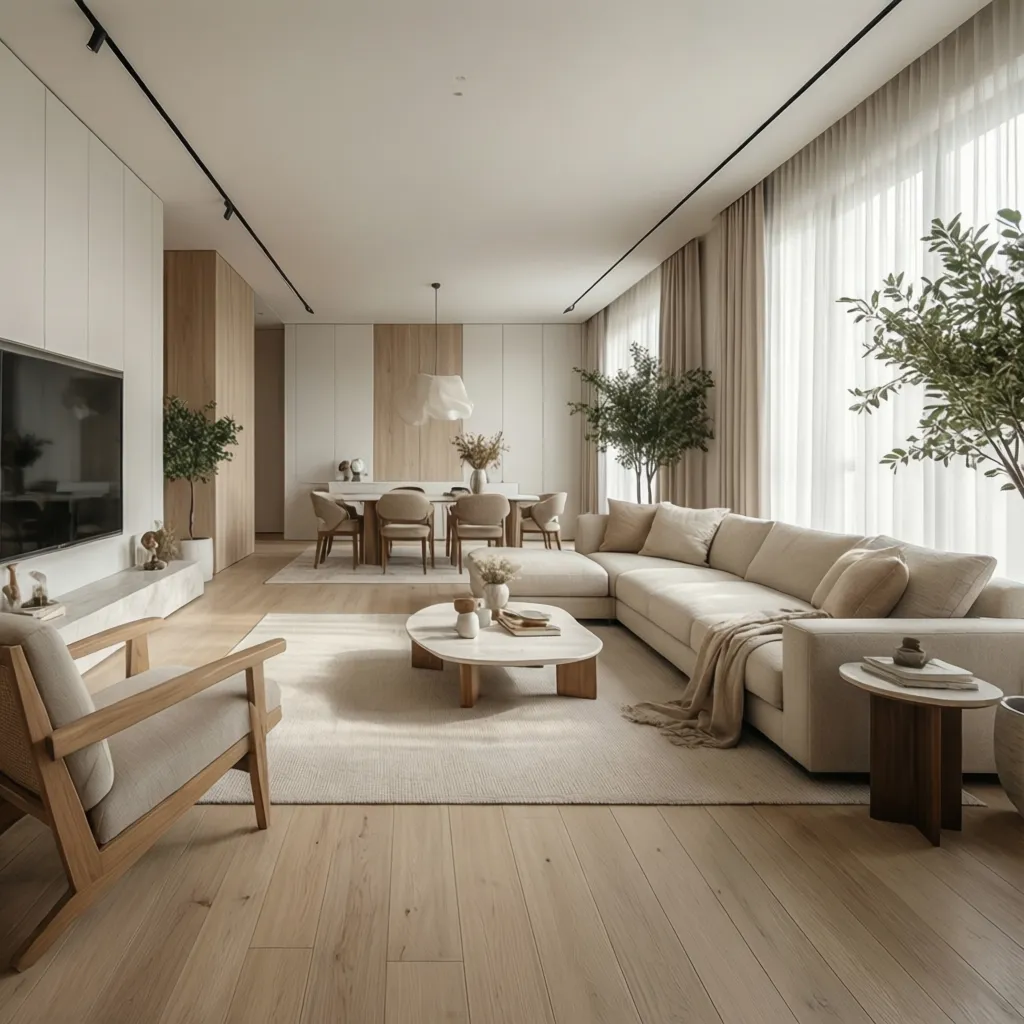 Interior moderno con madera clara y colores neutros