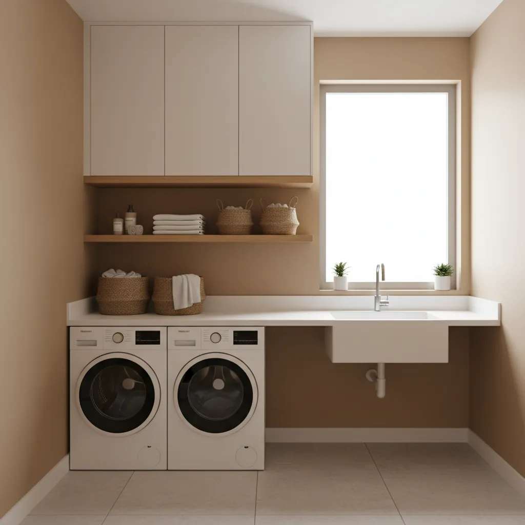 Neutral laundry room showing white cabinets wooden shelves simple sink washing machines and floor tiles