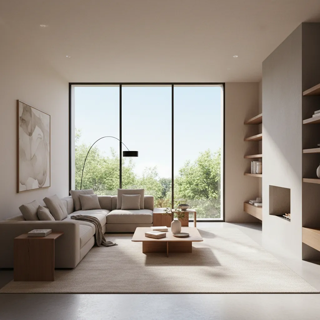 Modern living room with neutral base colors and soft beige walls
