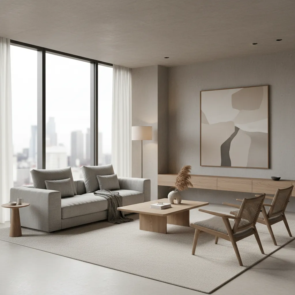 Minimalist neutral living room with grey sofa, wooden coffee table, two chairs, and large window