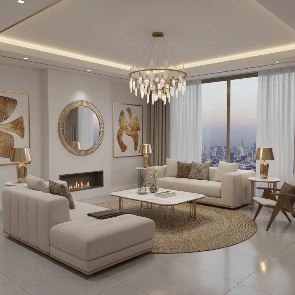 Modern living room with cream sofas marble coffee table large ceiling light and city view windows