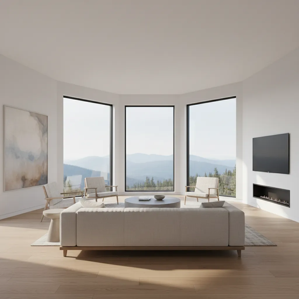 interior of modern octagon home with panoramic windows