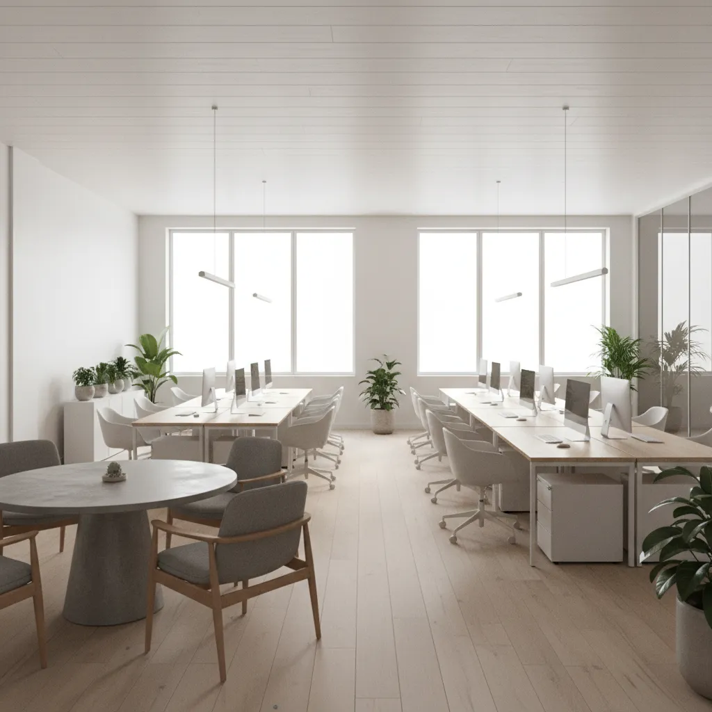 realistic 3D visualization of a modern office interior with desks meeting space and natural lighting