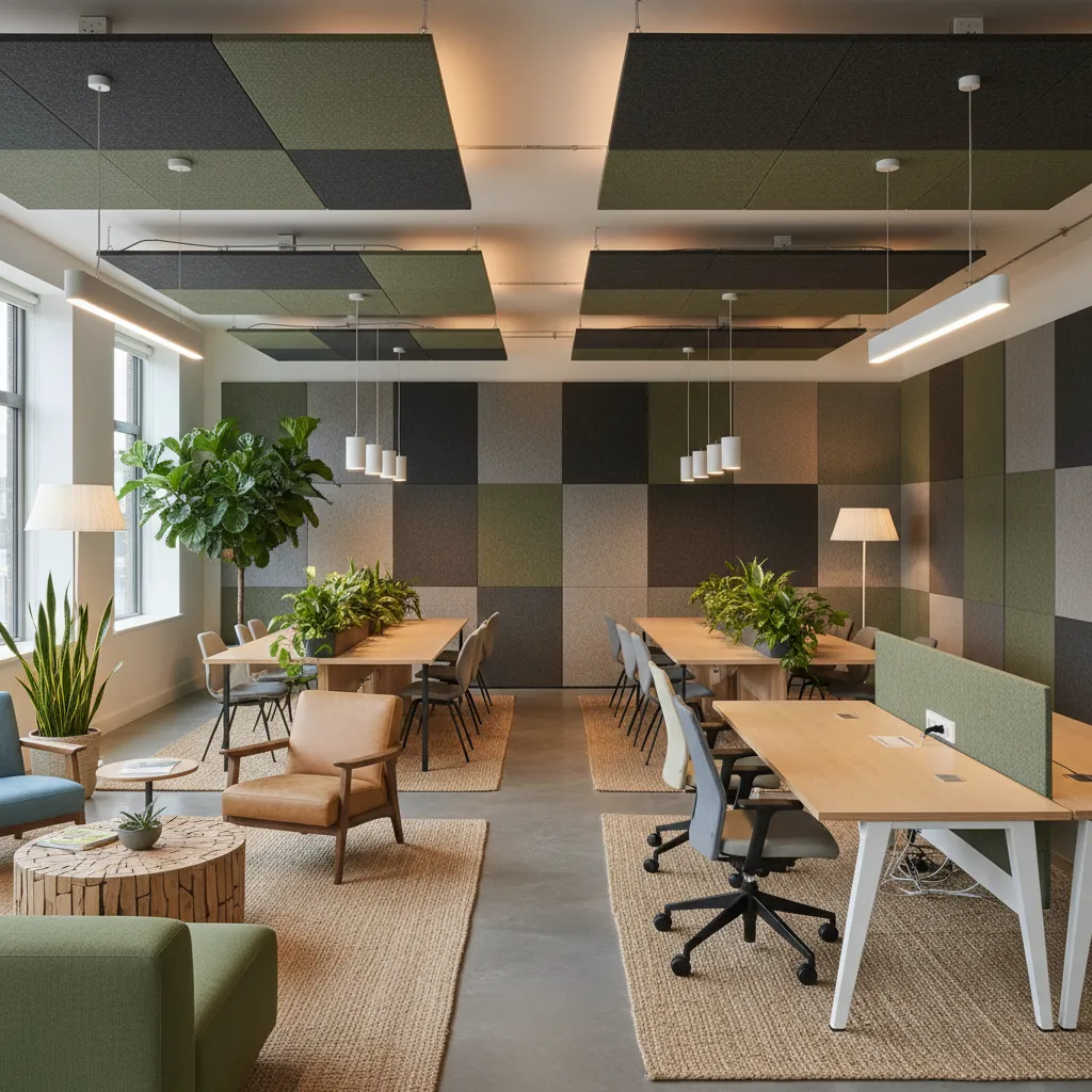 Oficina moderna con paneles acústicos y diseño minimalista