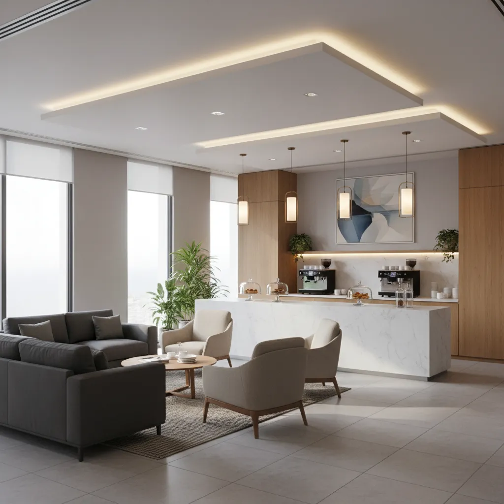 modern office break room with comfortable layered lighting