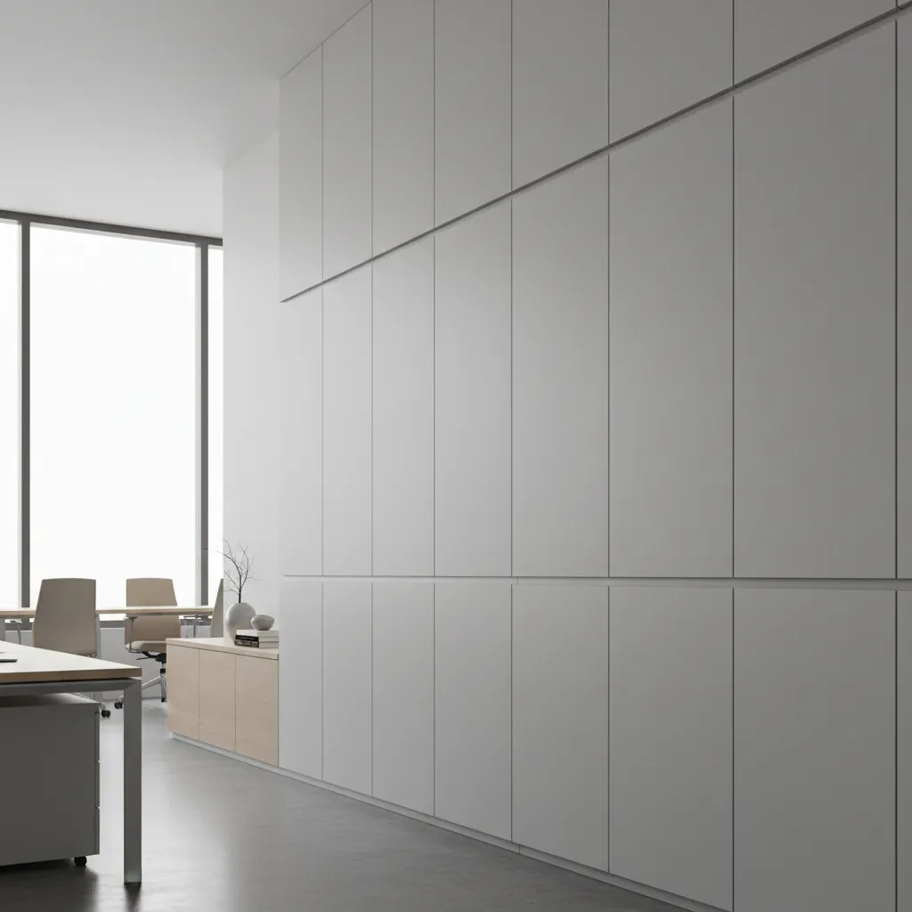 Office storage wall with flat panel cabinets and integrated edge pull hardware