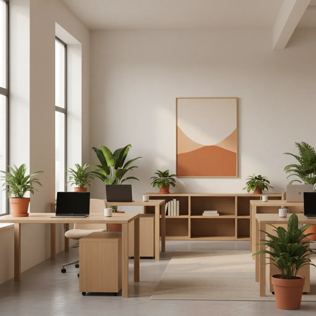 Modern office room with wooden desks black laptops green potted plants and a large painting