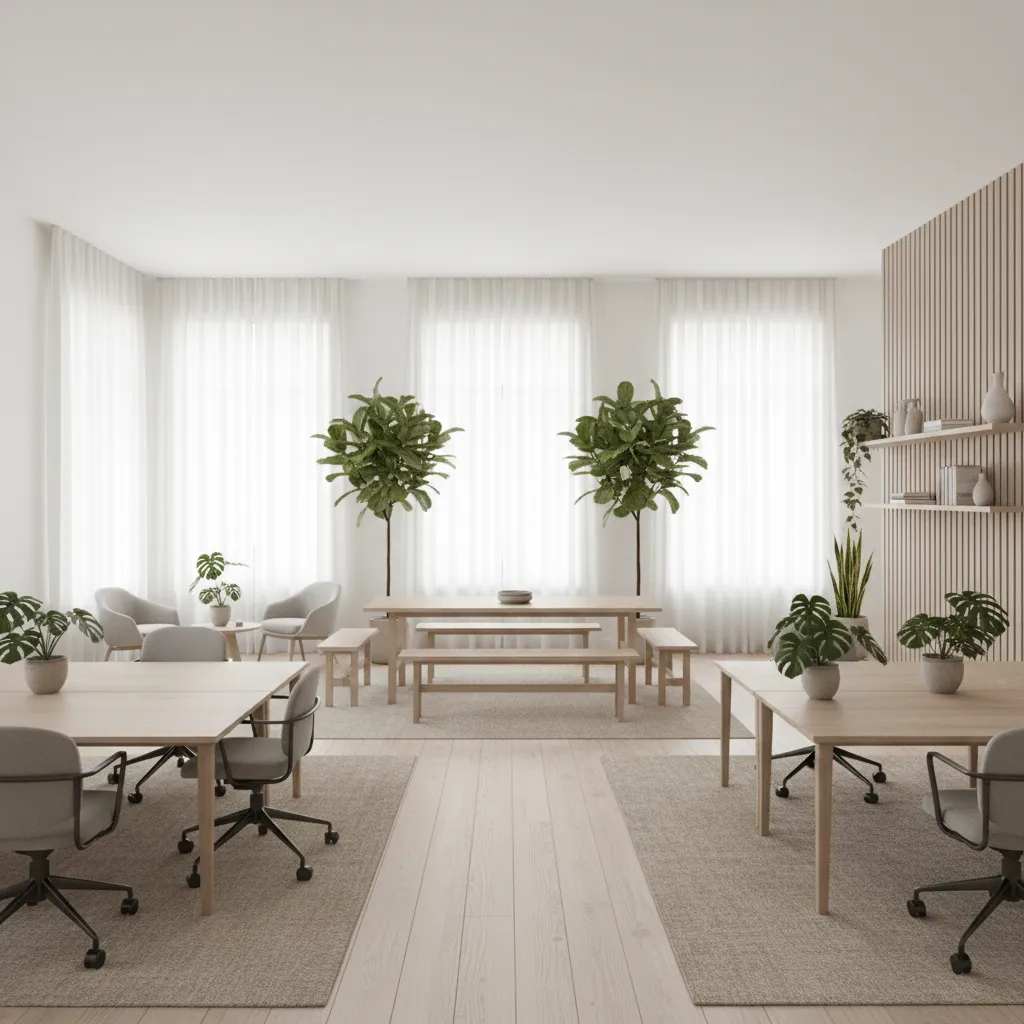 Oficina moderna con madera natural, colores neutros y plantas