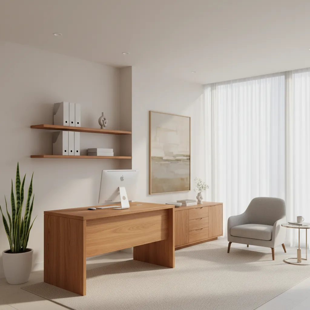 modern office furniture arrangement emphasizing strong left side workspace energy
