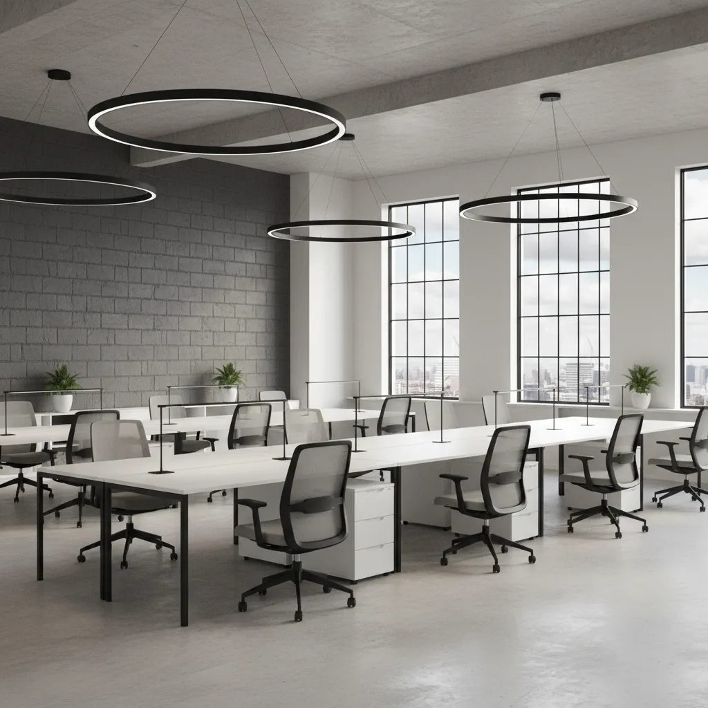 Modern office workspace with painted concrete block accent wall and minimalist furniture