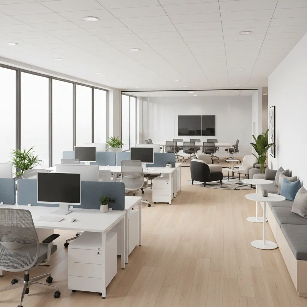 final 3D visualization of modern office layout with desks meeting rooms and collaboration area