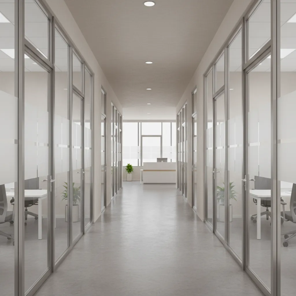 Modern office hallway with glass doors featuring frosted vinyl privacy panels