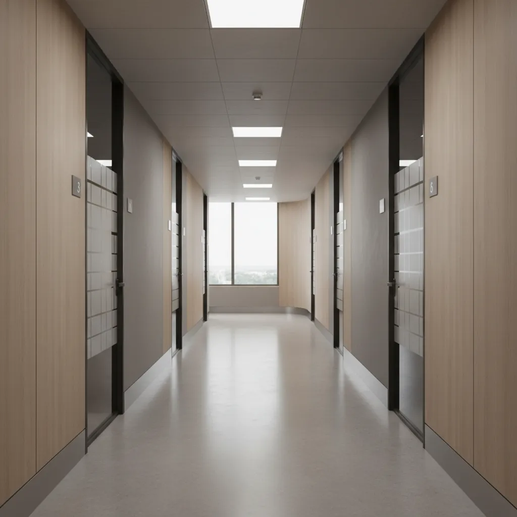 Modern office hallway with professionally decorated office doors