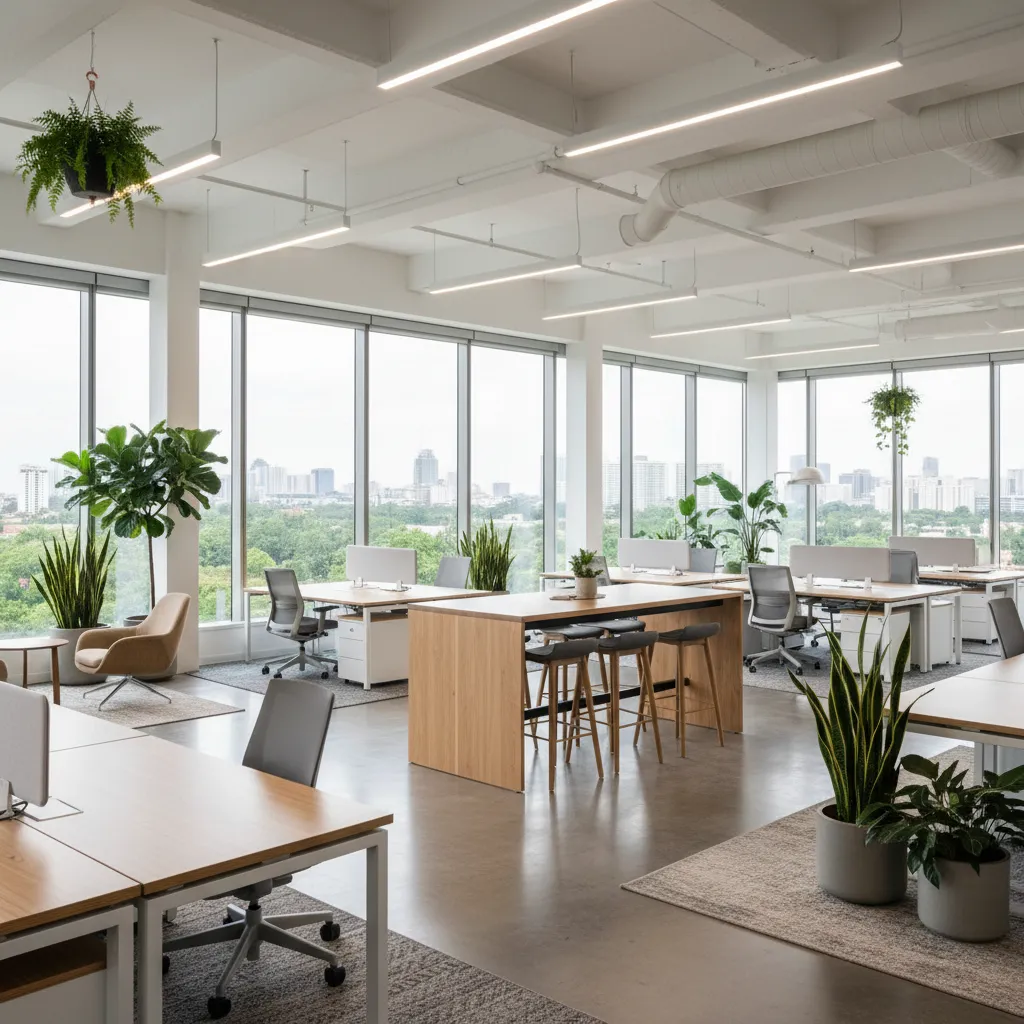 Large modern office with city views wooden desks grey chairs tall plants and ceiling lights