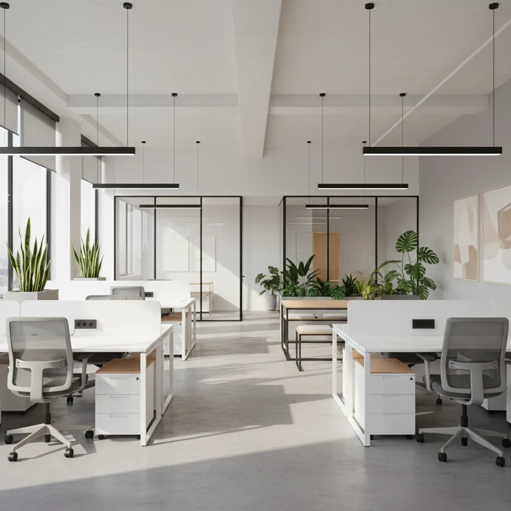 Modern office featuring white desks grey chairs black ceiling lights and potted green indoor plants
