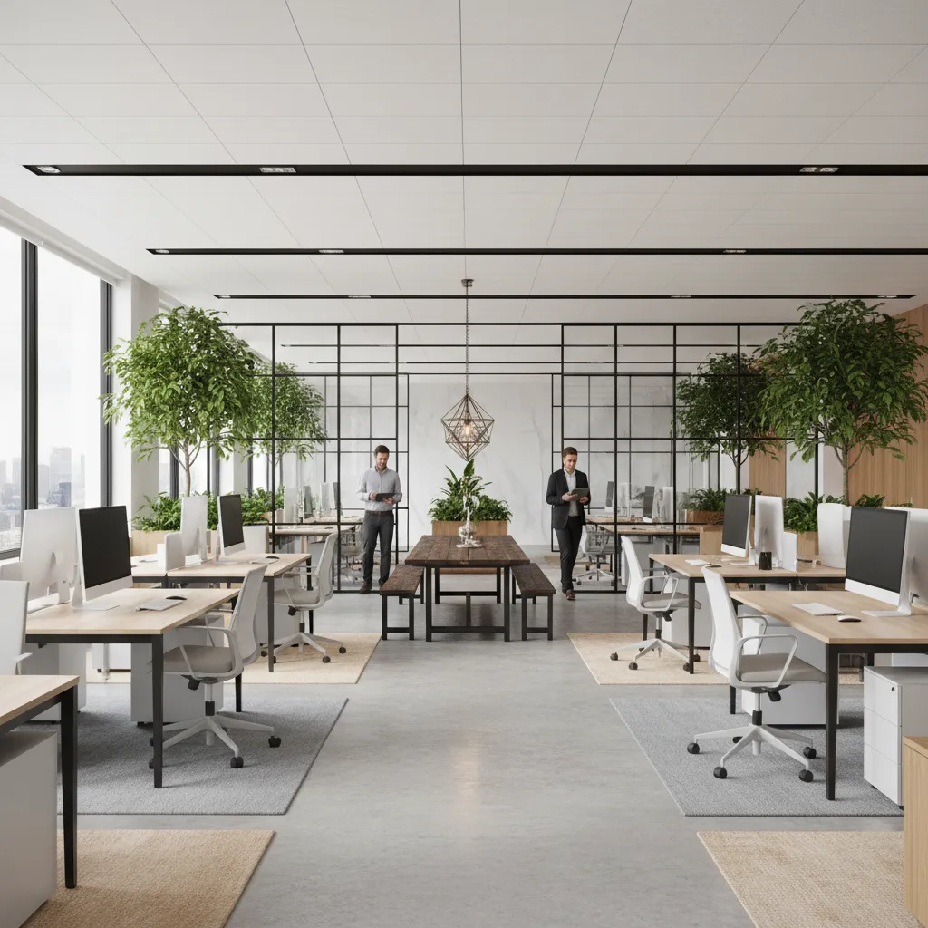 Modern open plan office room layout with desks white chairs indoor plants and glass walls