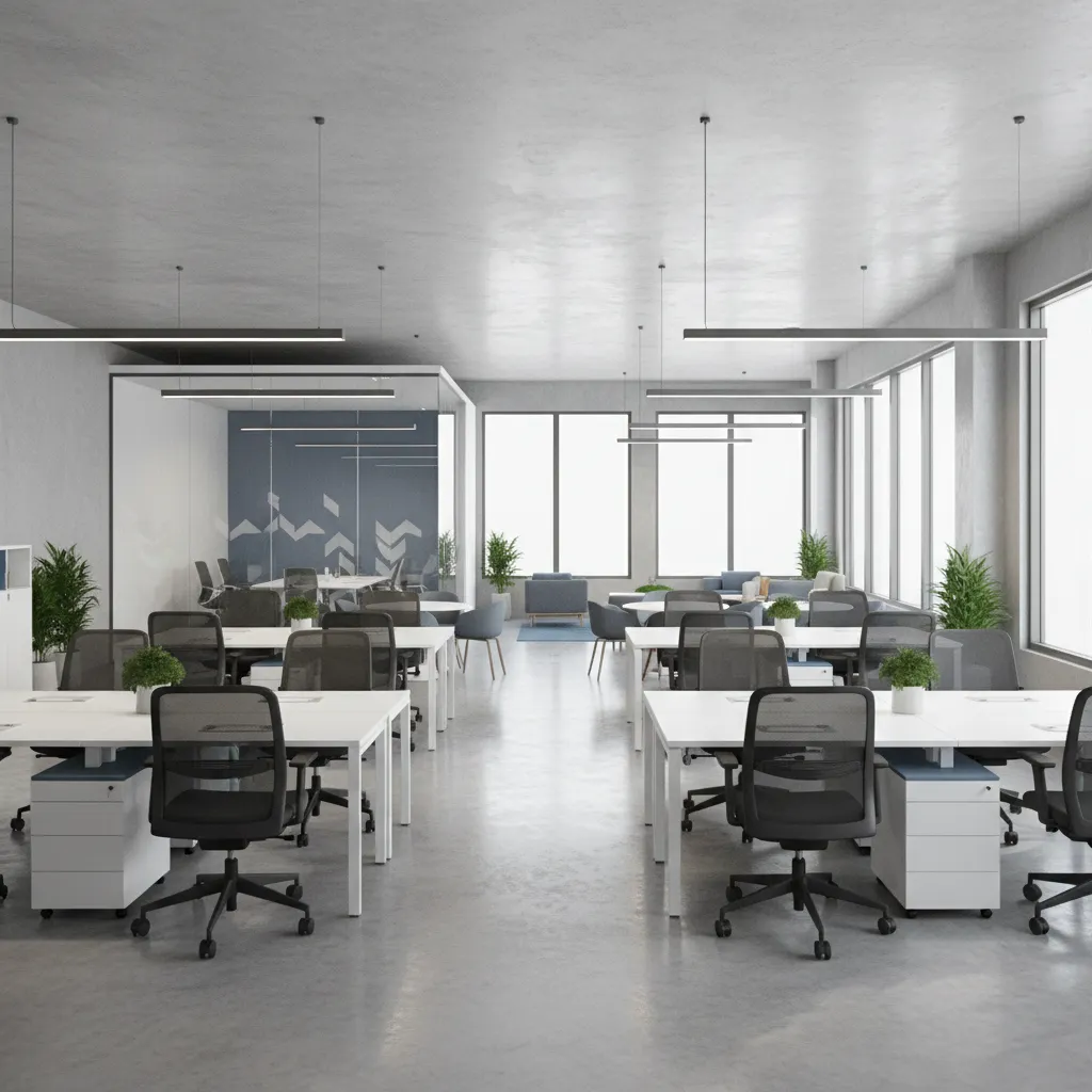 open plan modern office interior with collaborative workspace design