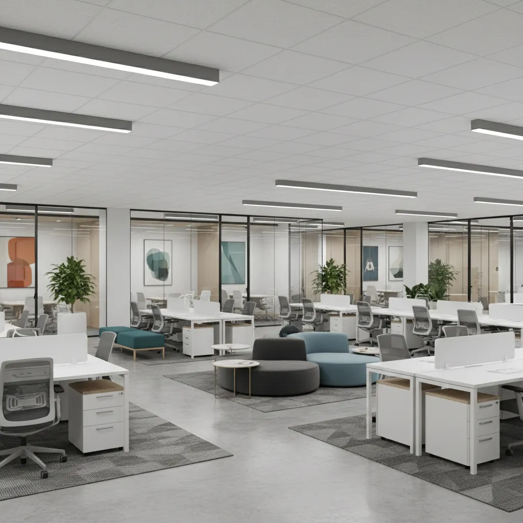 Modern corporate office interior layout with collaborative workspace design