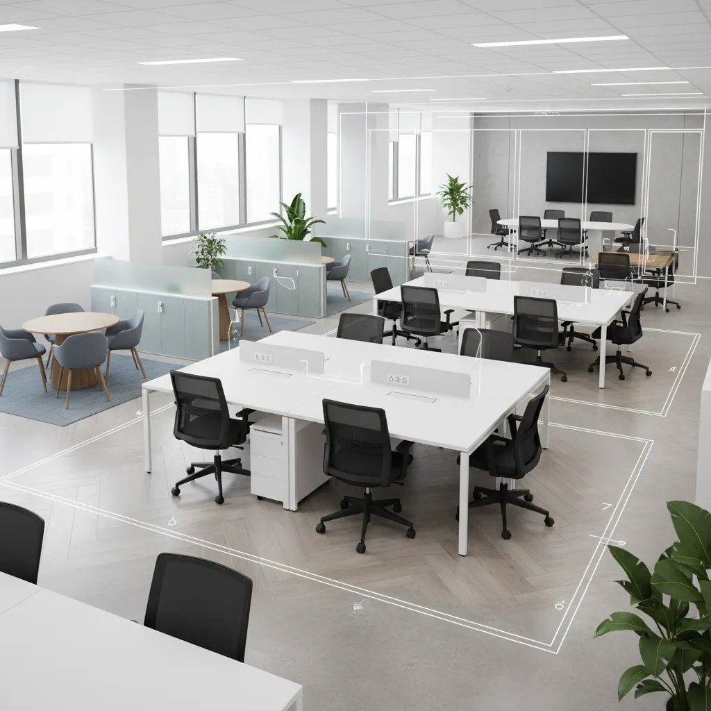 Plano y diseño de distribución moderna de oficina abierta