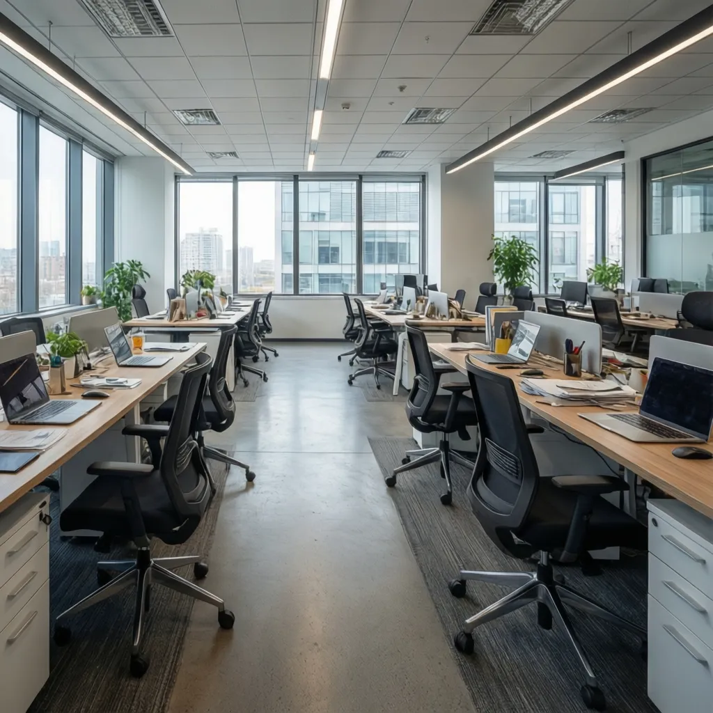 Open office workspace featuring rows of wooden desks with laptops black chairs and large windows
