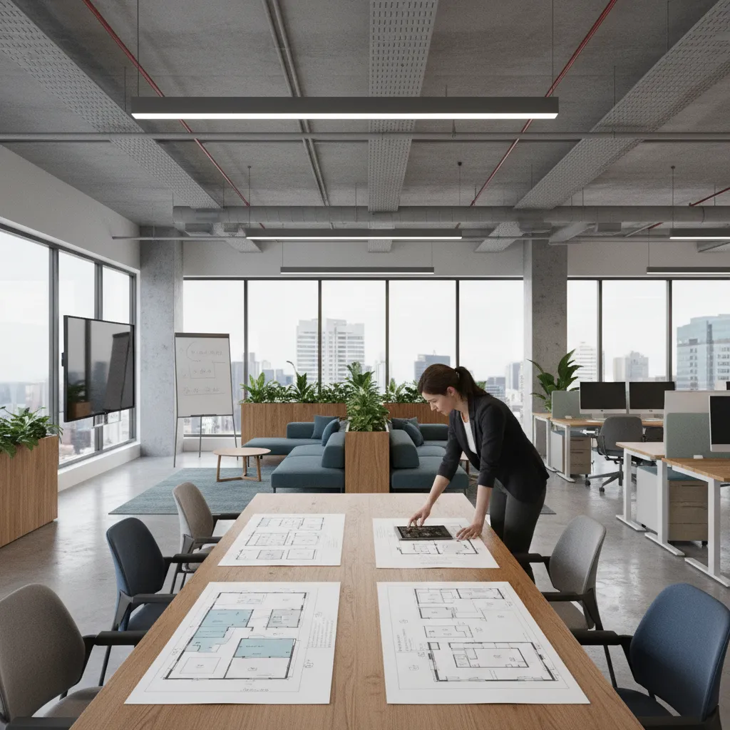 designer planning modern office layout with workspace zoning diagram