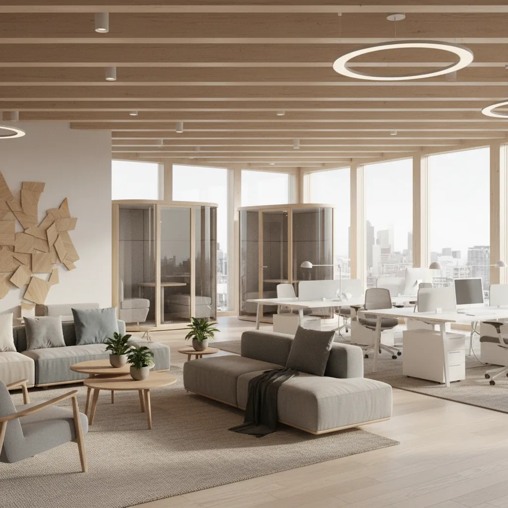 Oficina moderna con diferentes zonas de trabajo y colaboración