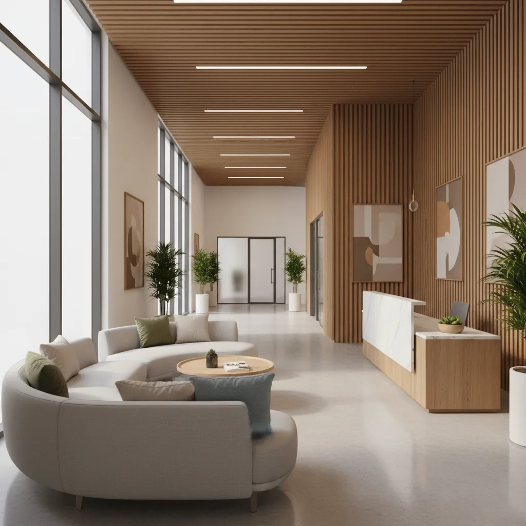 renovated modern office lobby with seating and natural lighting