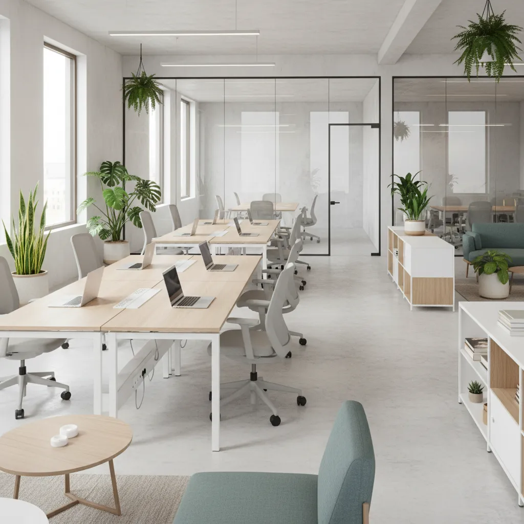 Bright open office with long wooden tables grey chairs laptops glass walls and hanging plants