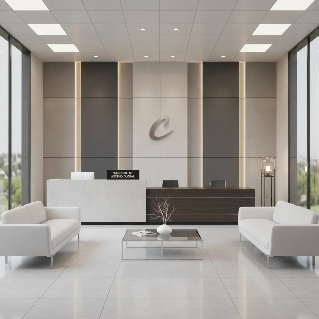 Contemporary office reception wall with logo and warm lighting