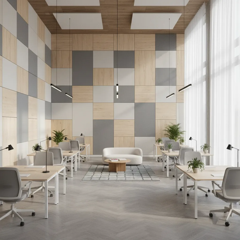 Oficina moderna con paneles Träullit Decor en paredes