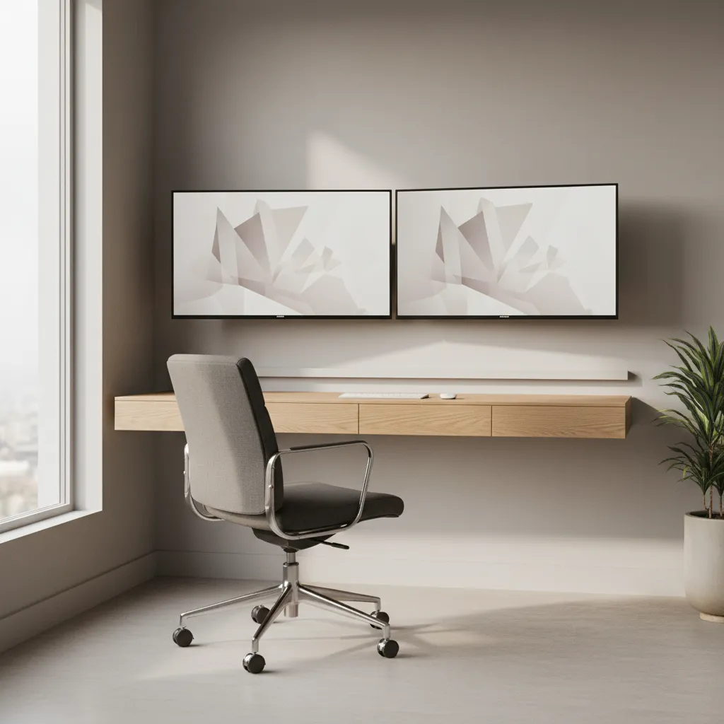 minimal office desk with dual wall-mounted monitors and clean workspace