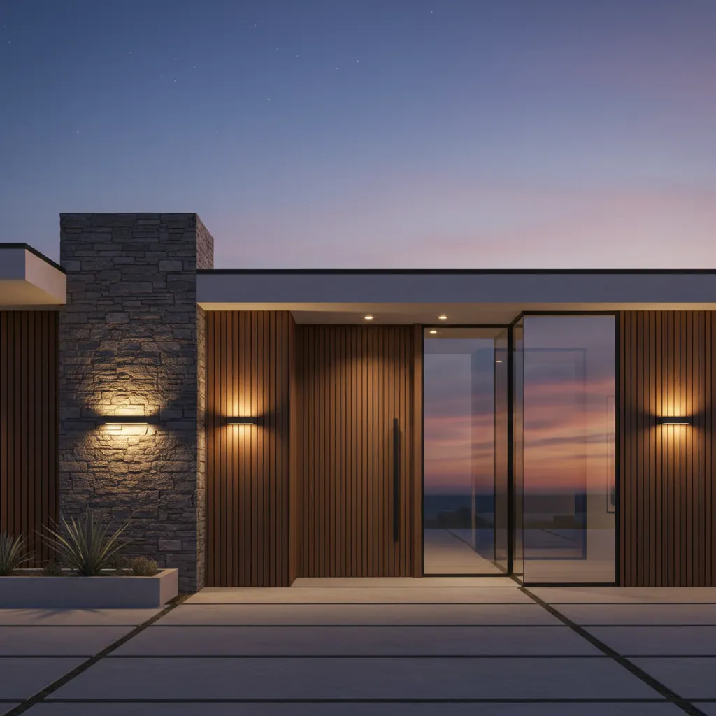 modern front door highlighted with wood slat panel and stone wall accent