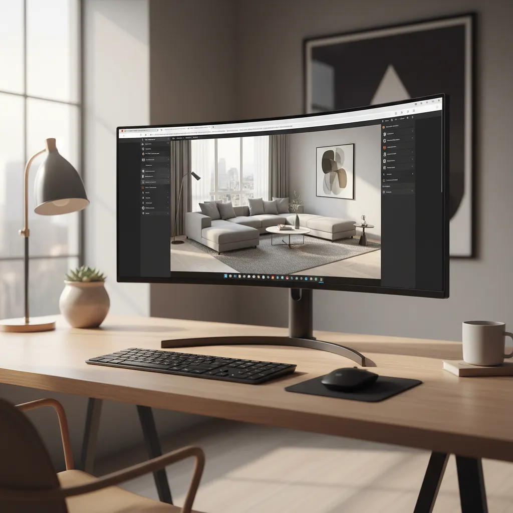 modern web based interior design tool showing 3d room layout on large monitor