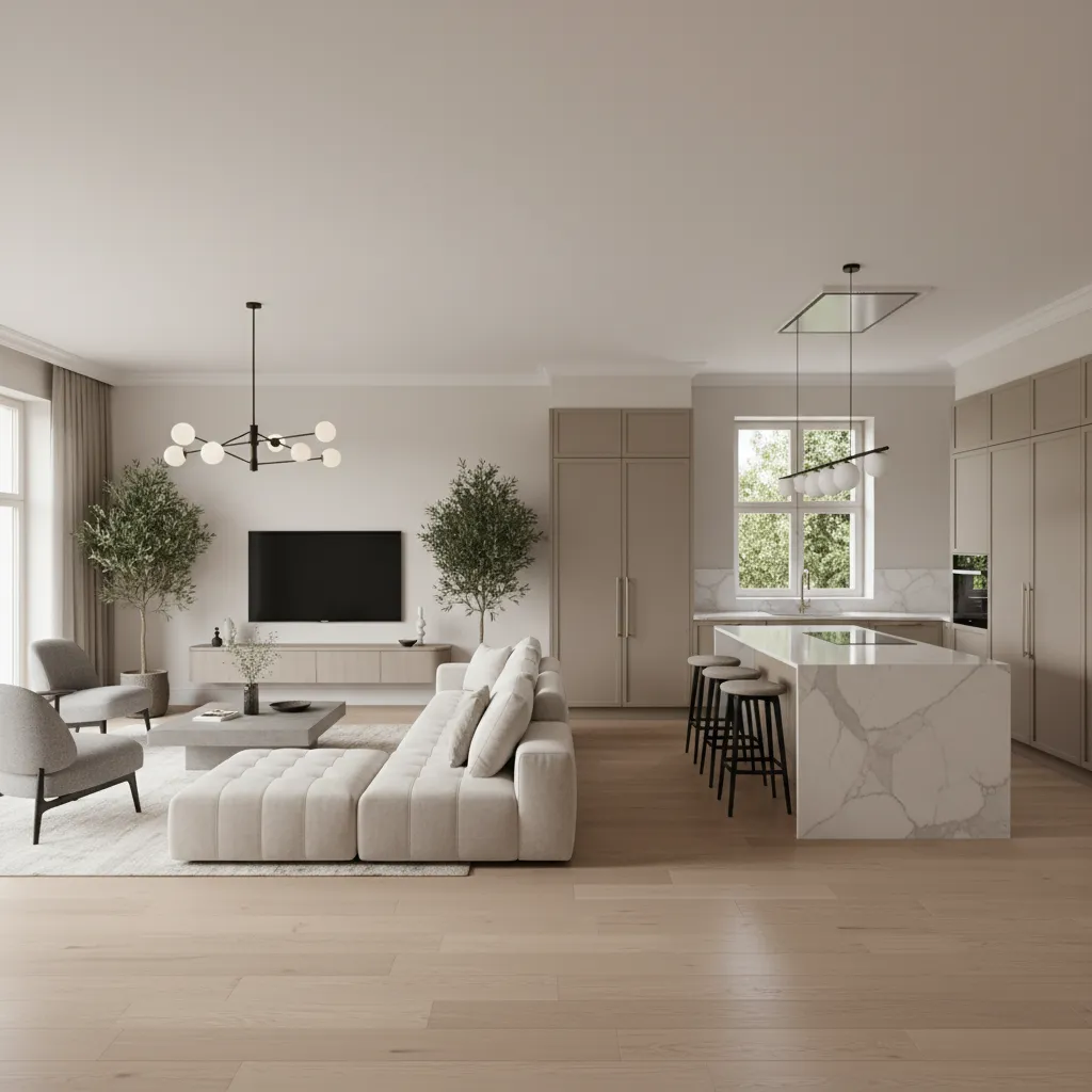 Open concept living room and kitchen with newly installed hardwood flooring