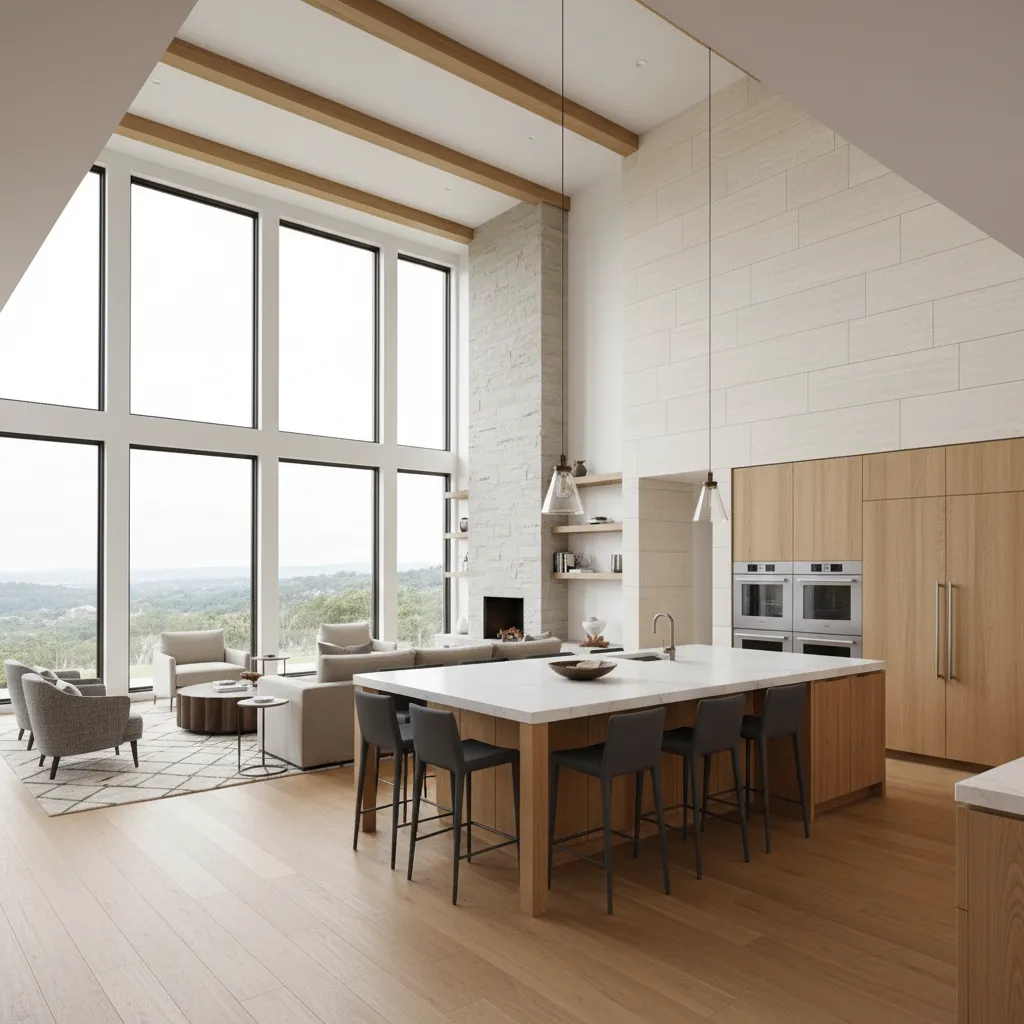 Modern open concept living room and kitchen in newly built large house