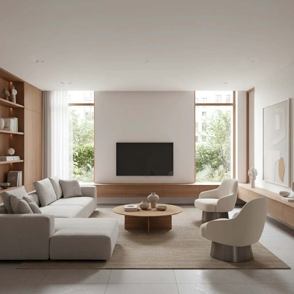 modern open concept living room with modular sofa and swivel chairs
