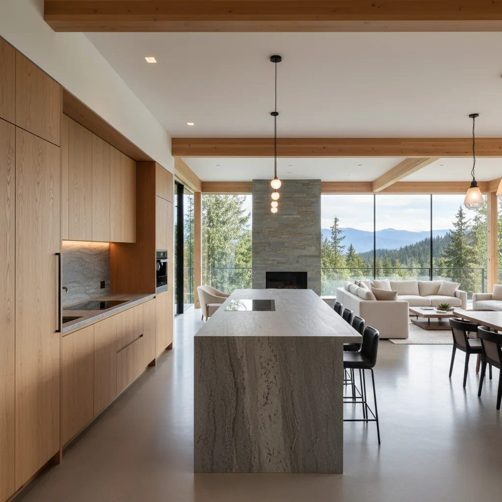 Cocina abierta de diseño conectada con el salón