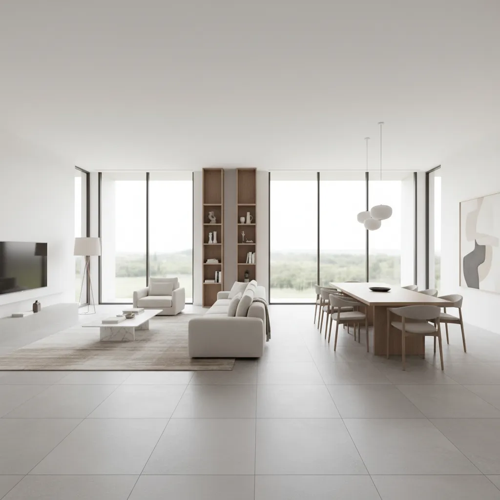 Modern open plan room with white sofa wooden dining table grey floor tiles and windows