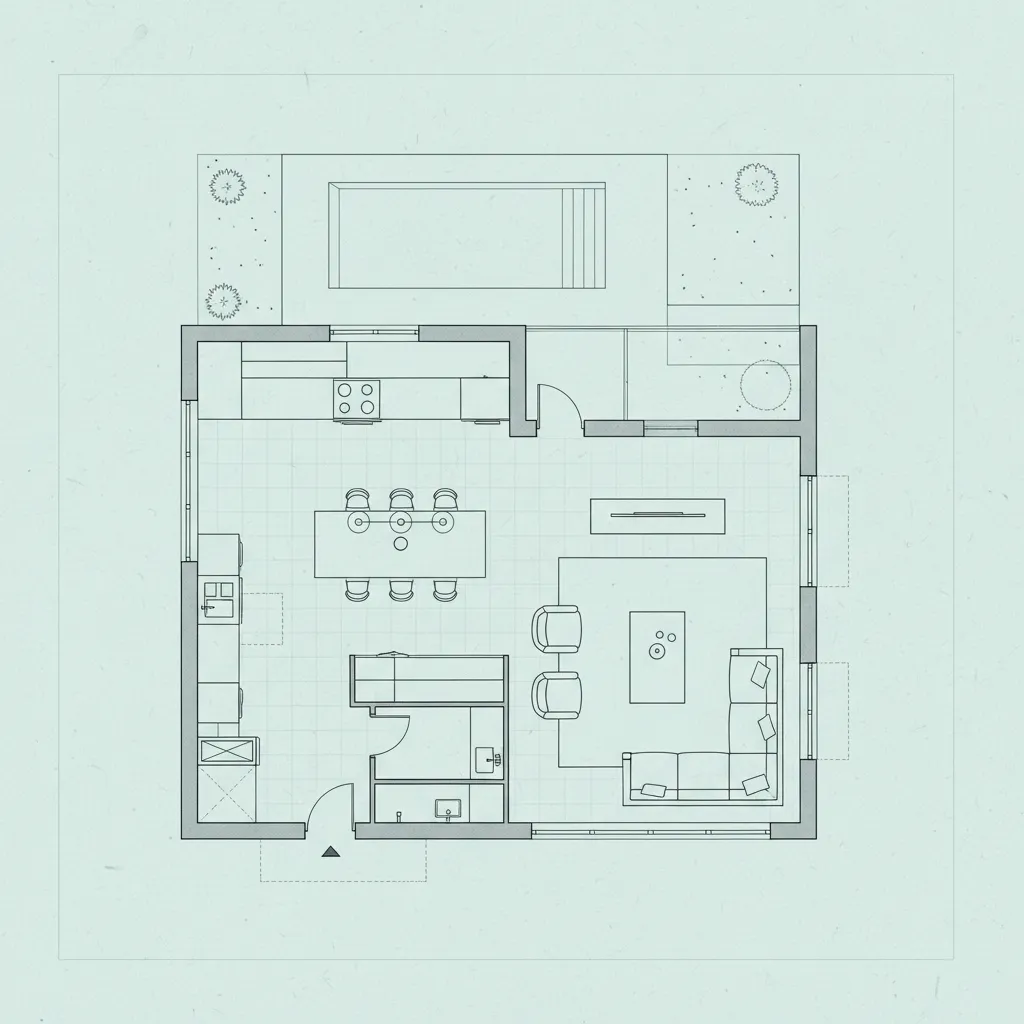Plano de casa moderna con cocina abierta y sala conectada