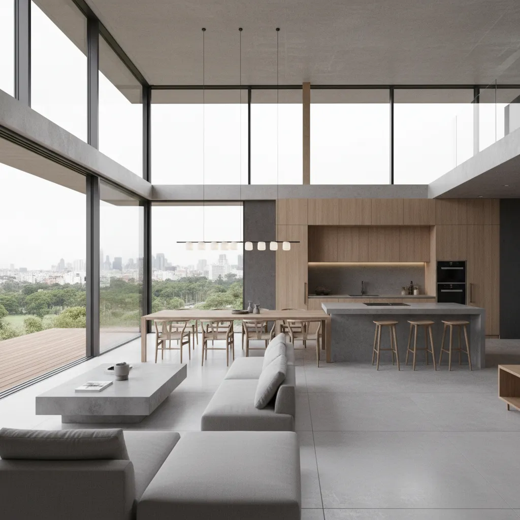 Sala, comedor y cocina integrados en un diseño moderno de planta abierta