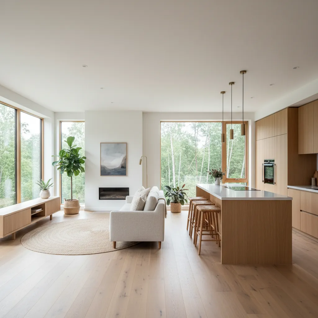 Espacio abierto moderno con cocina y sala integradas