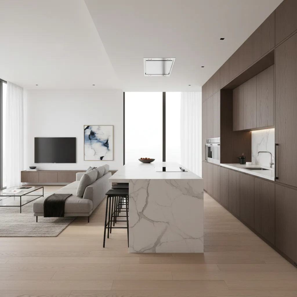 Modern open kitchen with marble island, dark cabinets, grey sofa, television, and light wood floors