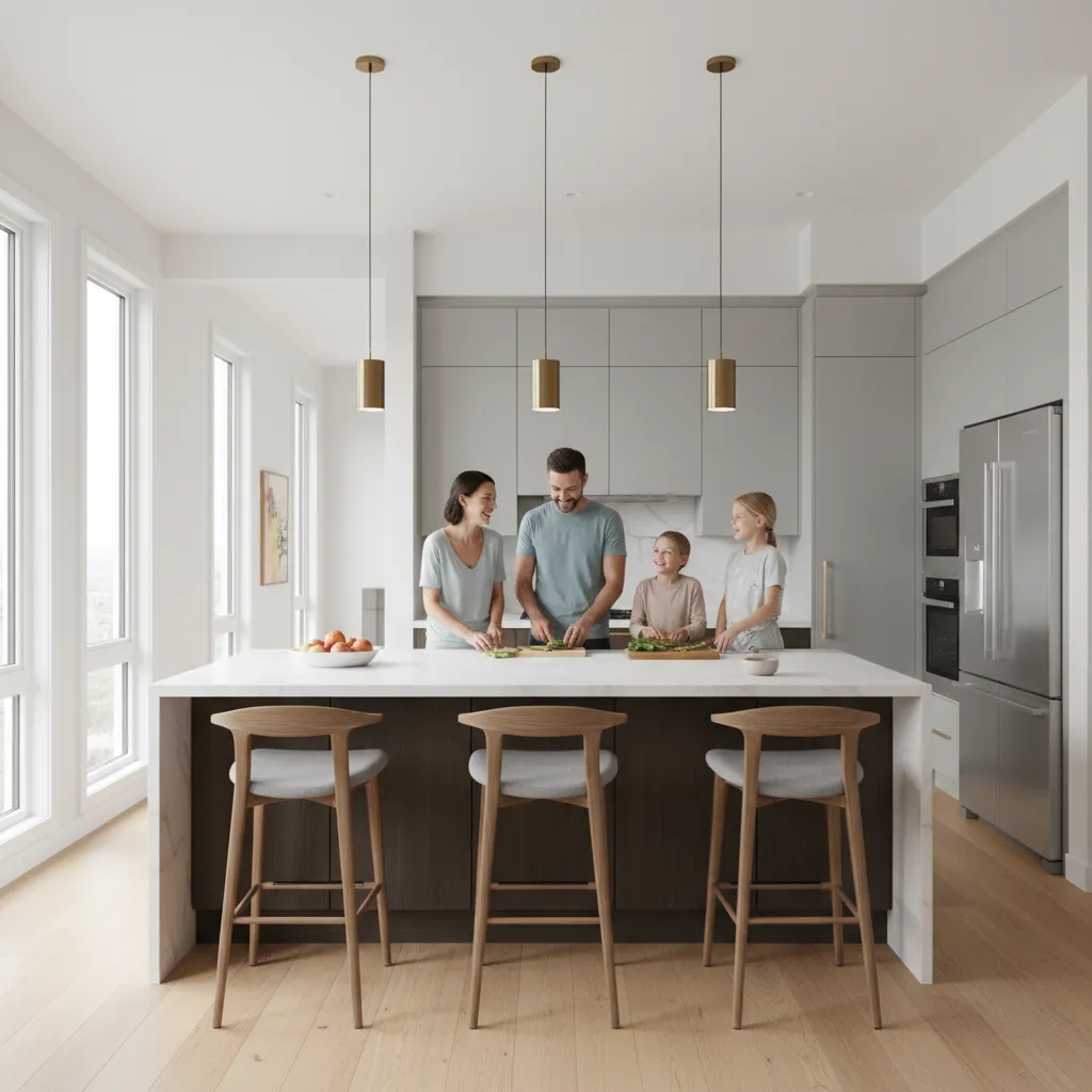 Open concept kitchen with central island used for cooking and socializing