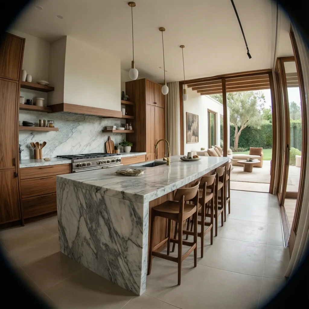 Large kitchen with marble island wooden cabinets bar stools pendant lights and glass sliding doors