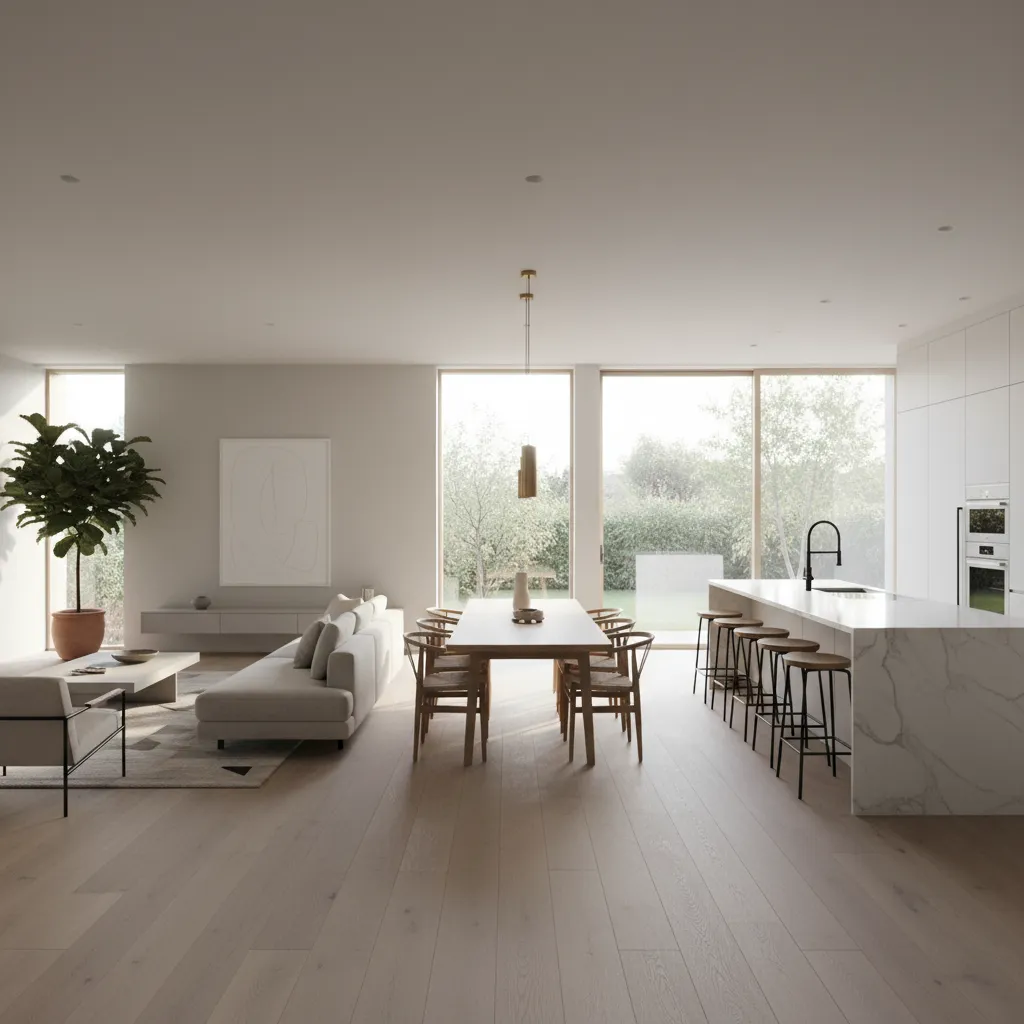Open plan interior with kitchen island, dining table, sofa, large windows, and light wood flooring