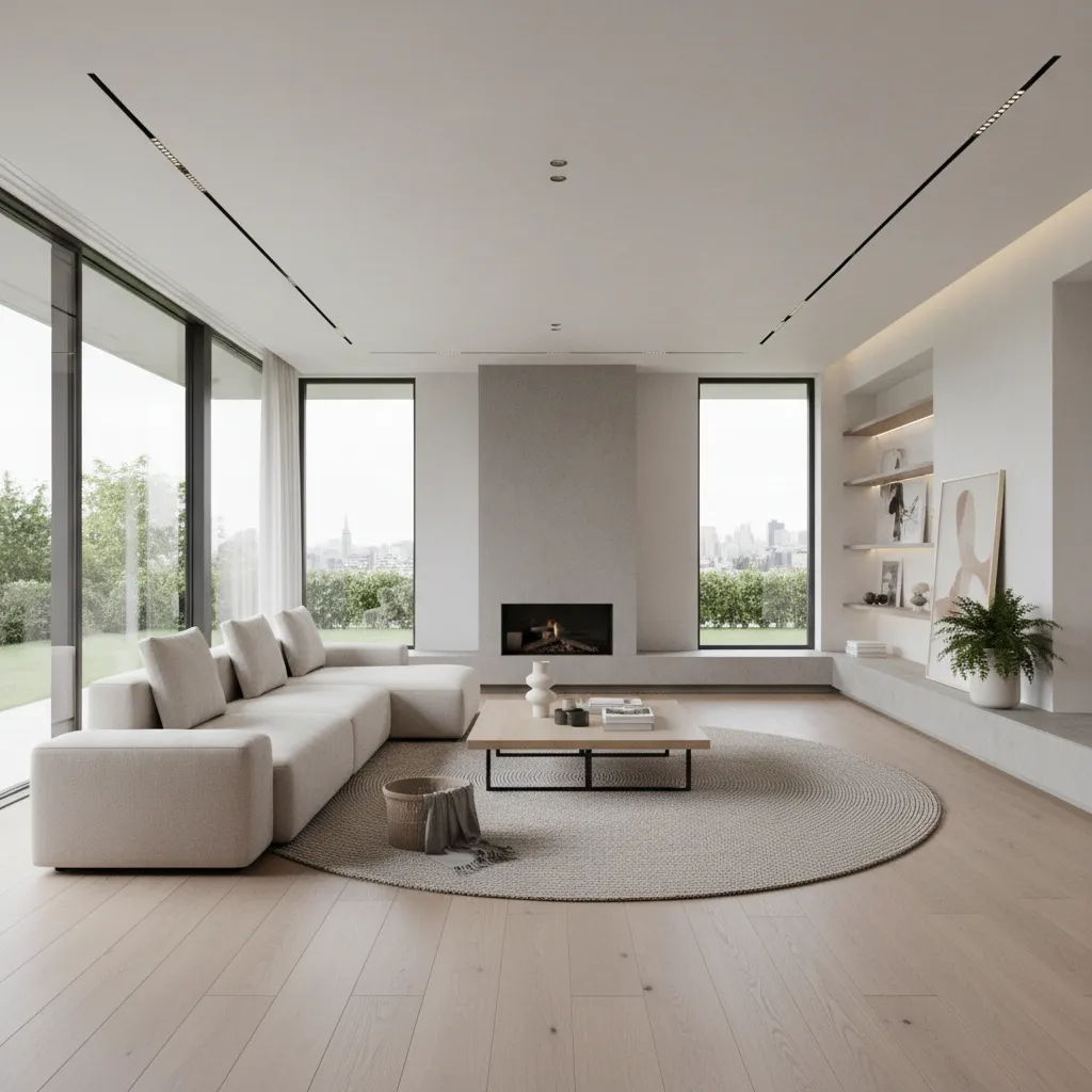 Salón moderno de planta abierta con ventanales grandes y mobiliario minimalista